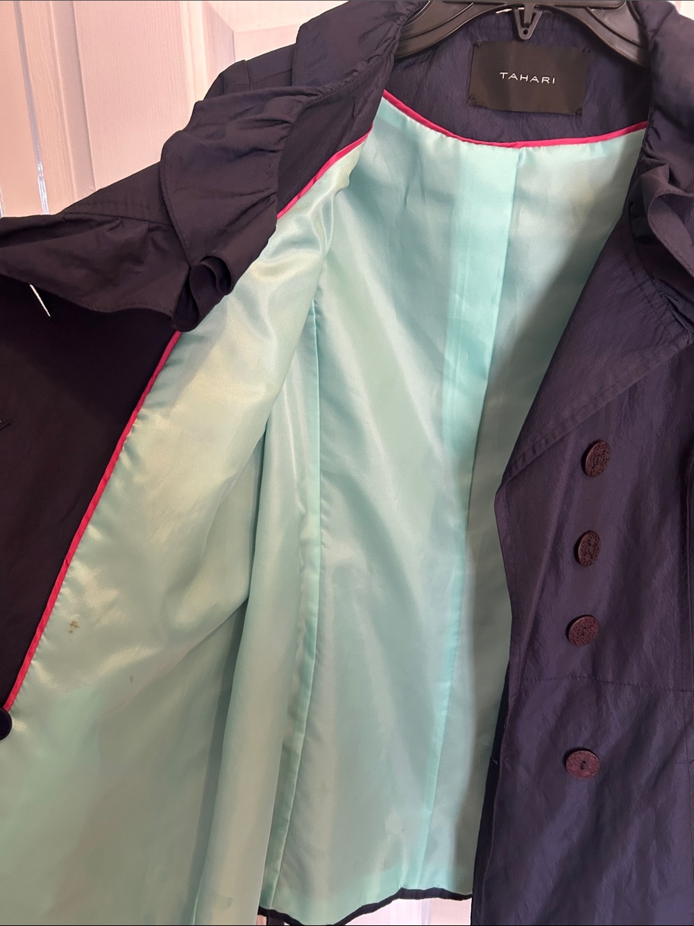 Tahari Navy Ruffle-Front Belted Utility Jacket - Picture 8 of 11